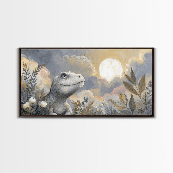 Tiny Dinosaur with Friendly Expression Framed Canvas Print, Nursery Art, Kids Wall Art, Nursery Decor, Fine Art, Nursery, NUR-2x1-11