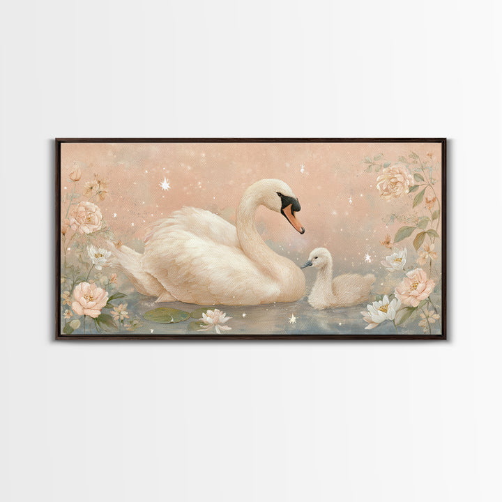 Swan and Cygnet Framed Canvas Print, Nursery Art, Luxury Decor, Nursery Decor, Nursery, Nursery Wall Art, Printable Art, NUR-2x1-12