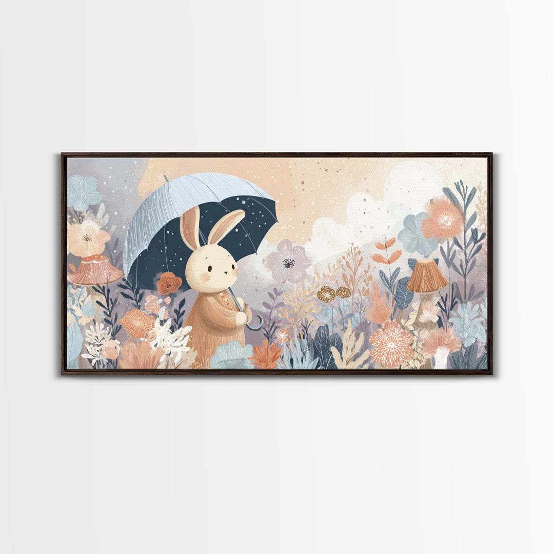 Bear and Rabbit Sharing Umbrella Framed Canvas Print, Nursery Art, Minimalist Decor, Nursery Decor, Fine Art, Nursery, NUR-2x1-13