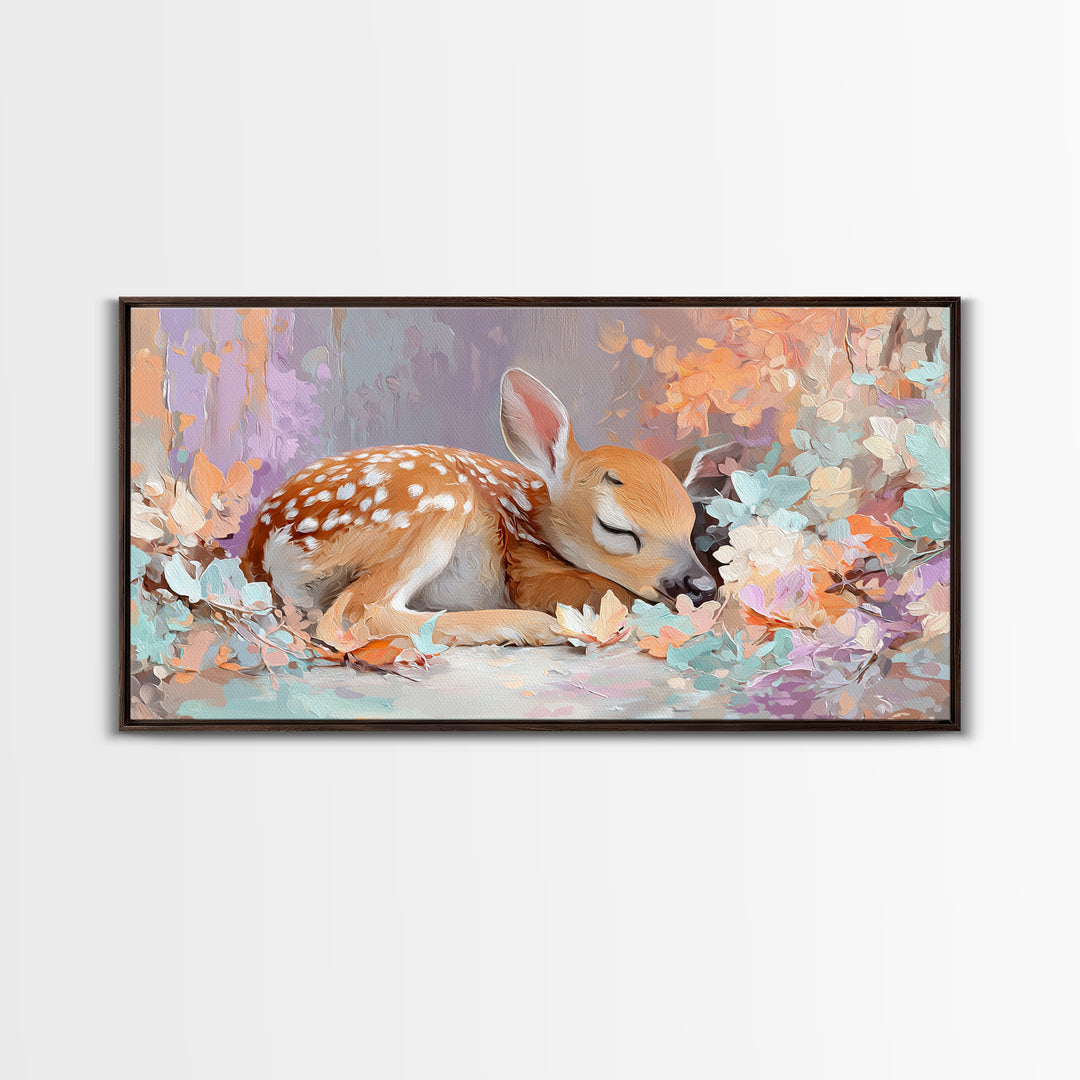 Deer Fawn Sleeping Framed Canvas Print, Nursery Art, Kids Room Wall Art, Nursery Decor, Fine Art, Nursery, Luxury Decor, NUR-2x1-19