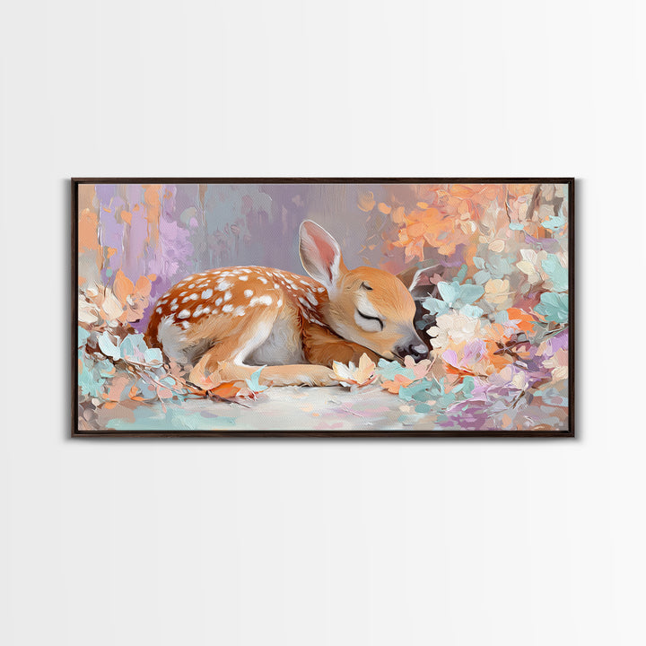 Deer Fawn Sleeping Framed Canvas Print, Nursery Art, Kids Room Wall Art, Nursery Decor, Fine Art, Nursery, Luxury Decor, NUR-2x1-19