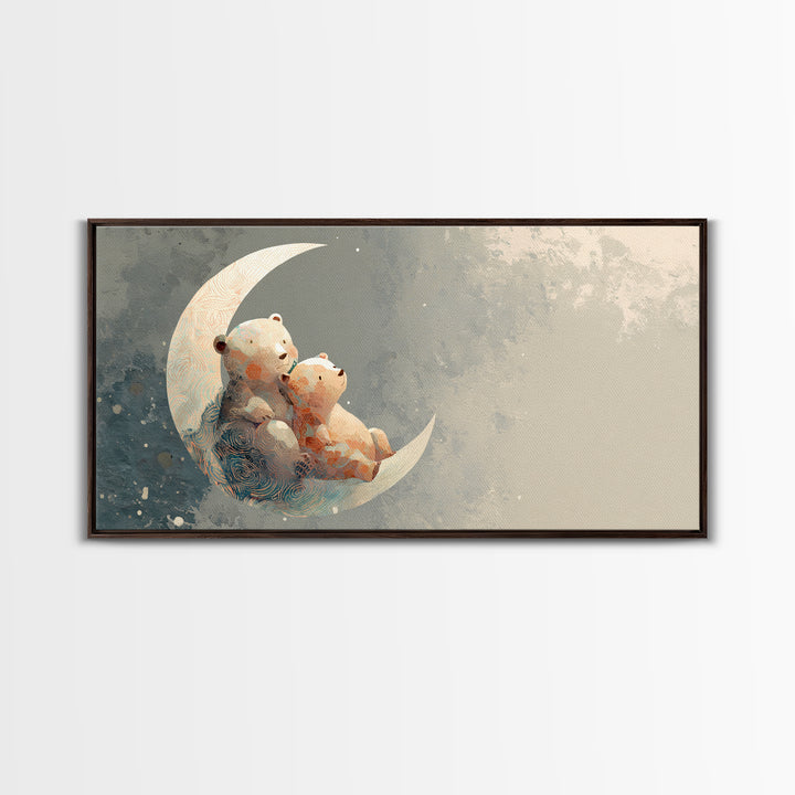 Baby Bear Floating on a Crescent Moon Canvas Print, Nursery Art, Boho Decor, Nursery Decor, Abstract Art, Nursery, NUR-2x1-2