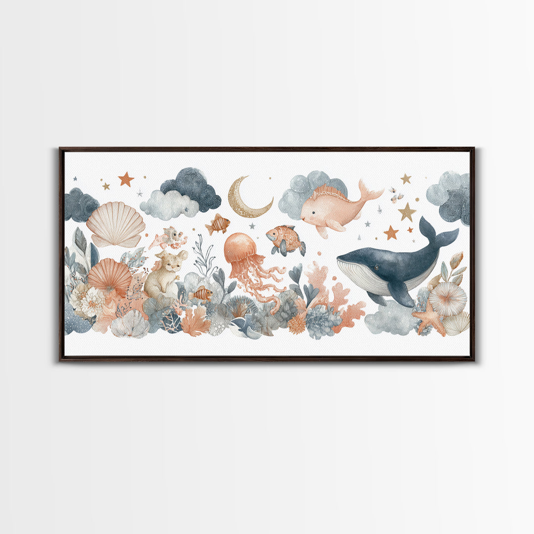 Friendly Ocean Creatures Framed Canvas Print, Nursery Art, Fine Art Print, Nursery Decor, Watercolor Art, Nursery, Digital Art, NUR-2x1-20
