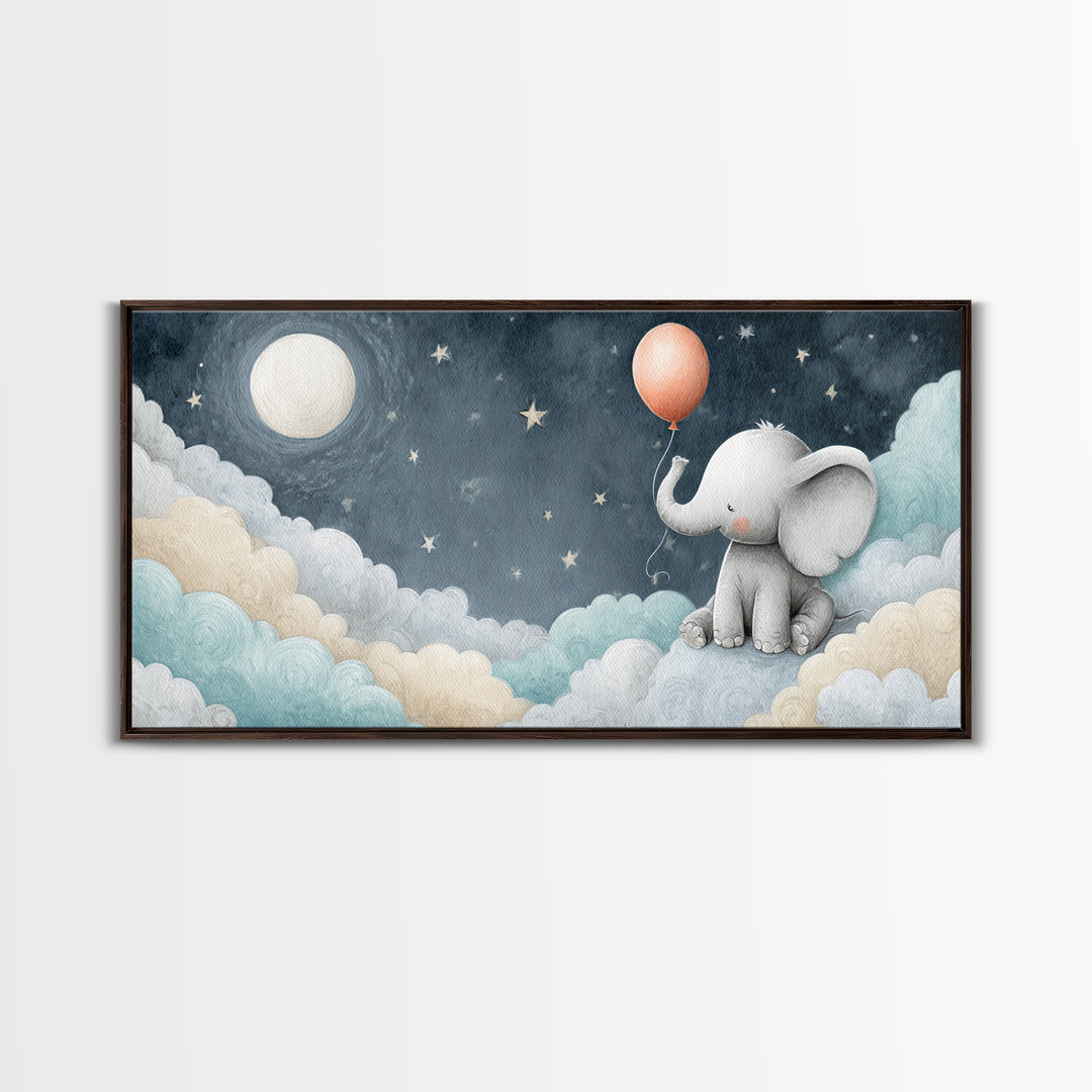 Sleepy Baby Elephant Holding a Tiny Balloon Canvas Print, Nursery Art, Wall Art, Nursery Decor, Oil Painting, Nursery, NUR-2x1-21