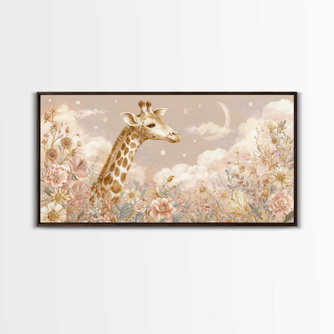 Gentle Giraffe with Pastel Flowers Canvas Print, Nursery Art, Statement Artwork, Nursery Decor, Fine Art, Nursery, NUR-2x1-22