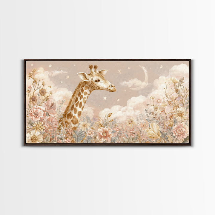 Gentle Giraffe with Pastel Flowers Canvas Print, Nursery Art, Statement Artwork, Nursery Decor, Fine Art, Nursery, NUR-2x1-22