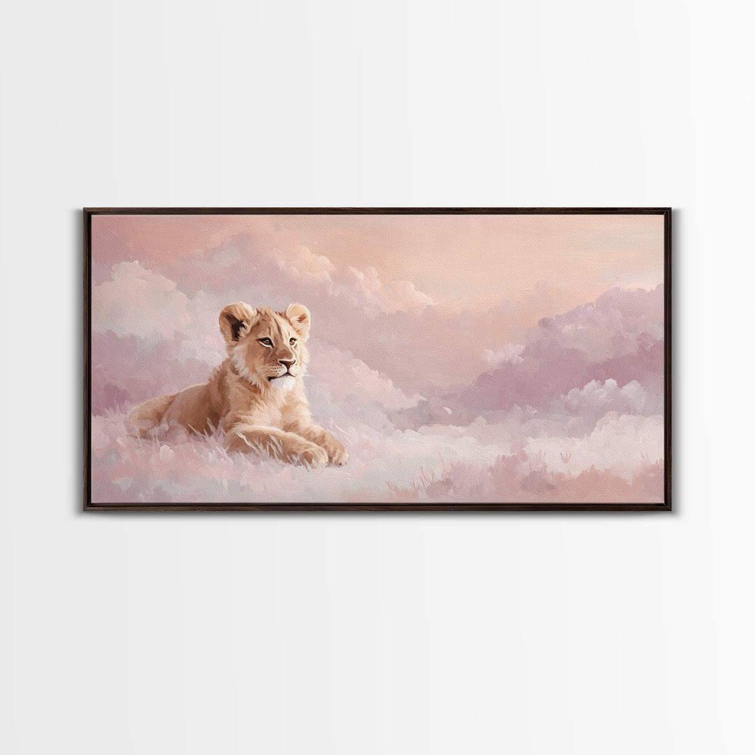 Lion Cub with Soft Golden Mane Framed Canvas Print, Nursery Art, Nursery Decor, Watercolor Art, Nursery 129, Wall Art Set of, NUR-2x1-29
