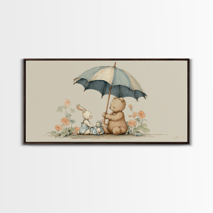 Bear and Rabbit Sharing Umbrella Framed Canvas Print, Nursery Art, Minimalist Decor, Nursery Decor, Fine Art, Nursery, NUR-2x1-37