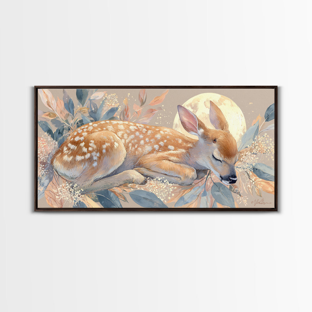 Deer Fawn Sleeping Framed Canvas Print, Nursery Art, Wall Hangings, Nursery Decor, Fine Art, Nursery, Digital Download Art, NUR-2x1-43