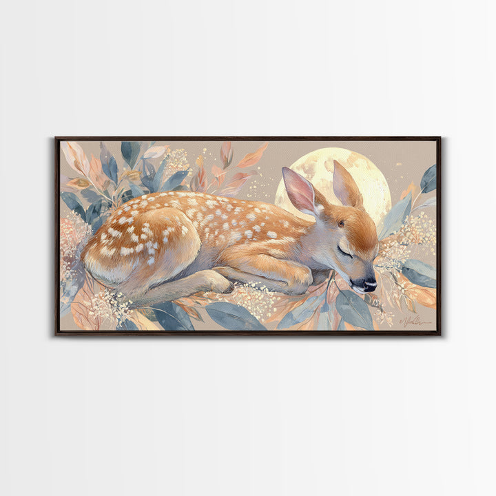 Deer Fawn Sleeping Framed Canvas Print, Nursery Art, Wall Hangings, Nursery Decor, Fine Art, Nursery, Digital Download Art, NUR-2x1-43
