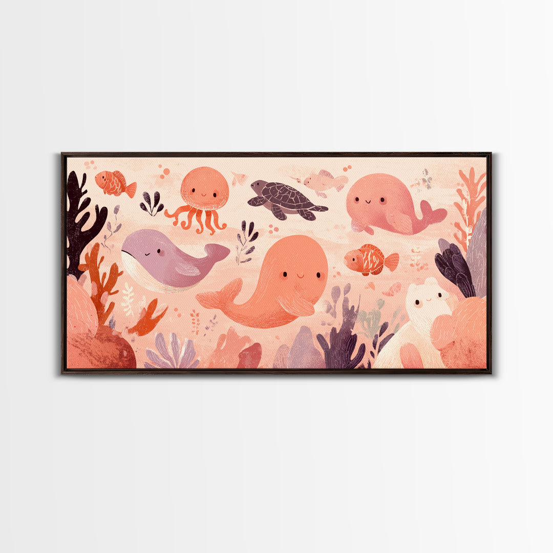 Friendly Ocean Creatures Canvas Print, Nursery Art, Textured Painting, Nursery Decor, Fine Art, Nursery, Wall Art Print, NUR-2x1-44