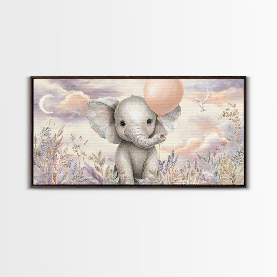 Sleepy Baby Elephant Holding a Tiny Balloon Framed Canvas Print, Nursery Art, Nursery Decor, Fine Art, Nursery, Kids Wall Art, NUR-2x1-45