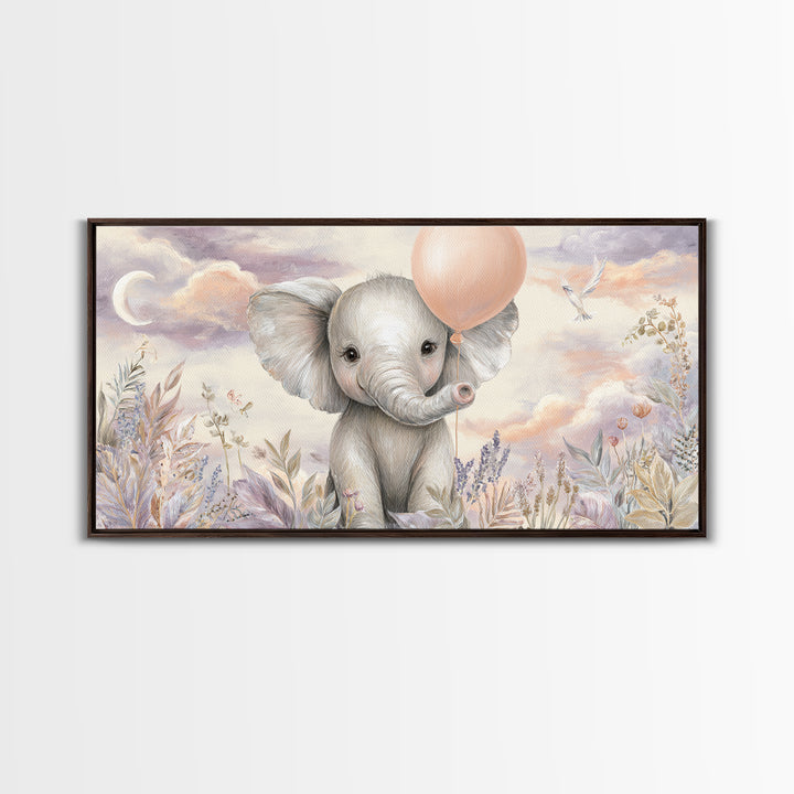 Sleepy Baby Elephant Holding a Tiny Balloon Framed Canvas Print, Nursery Art, Nursery Decor, Fine Art, Nursery, Kids Wall Art, NUR-2x1-45