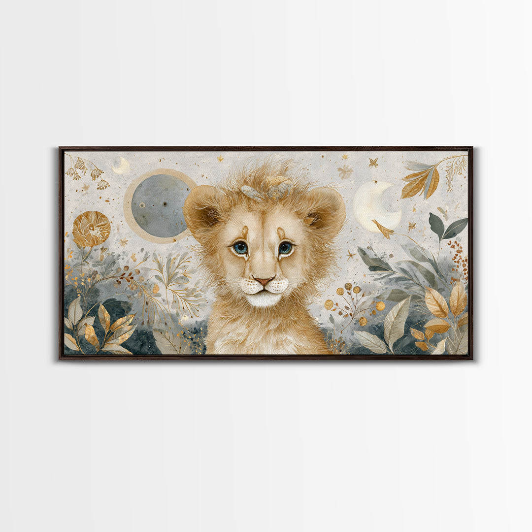 Lion Cub with Soft Golden Mane Framed Canvas Print, Nursery Art, Nursery Decor, Watercolor Art, Nursery 105, Wall Art Set of, NUR-2x1-5