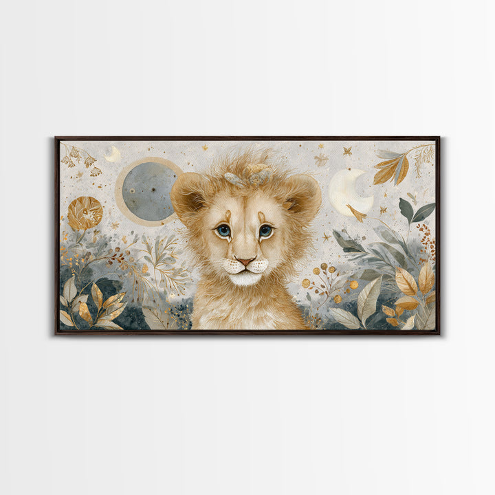 Lion Cub with Soft Golden Mane Framed Canvas Print, Nursery Art, Nursery Decor, Watercolor Art, Nursery 105, Wall Art Set of, NUR-2x1-5