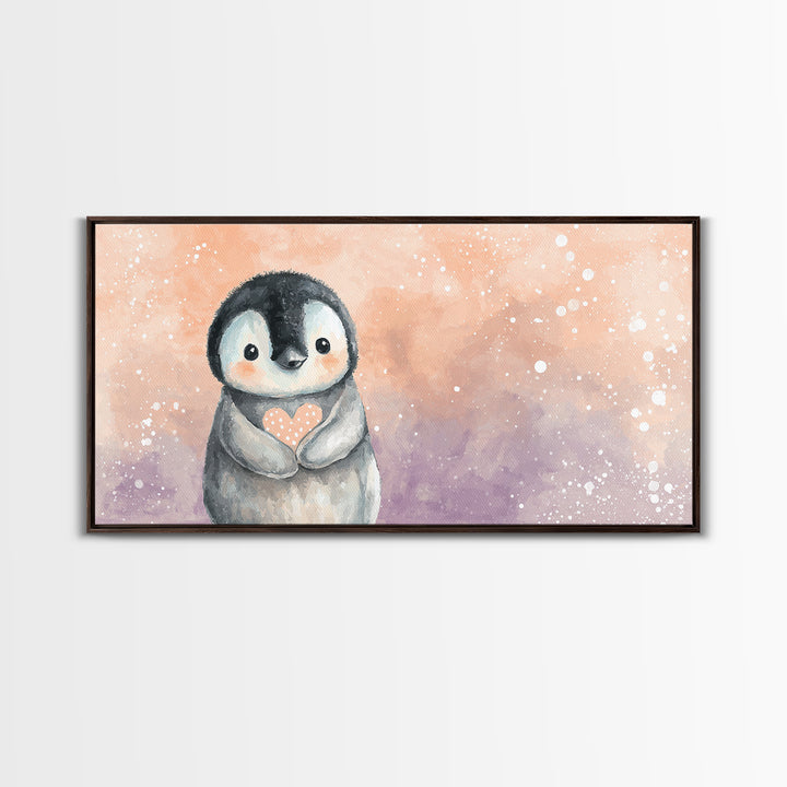 Penguin Holding a Little Heart Shape Canvas Print, Nursery Art, Contemporary Art, Nursery Decor, Abstract Art, Nursery, NUR-2x1-54