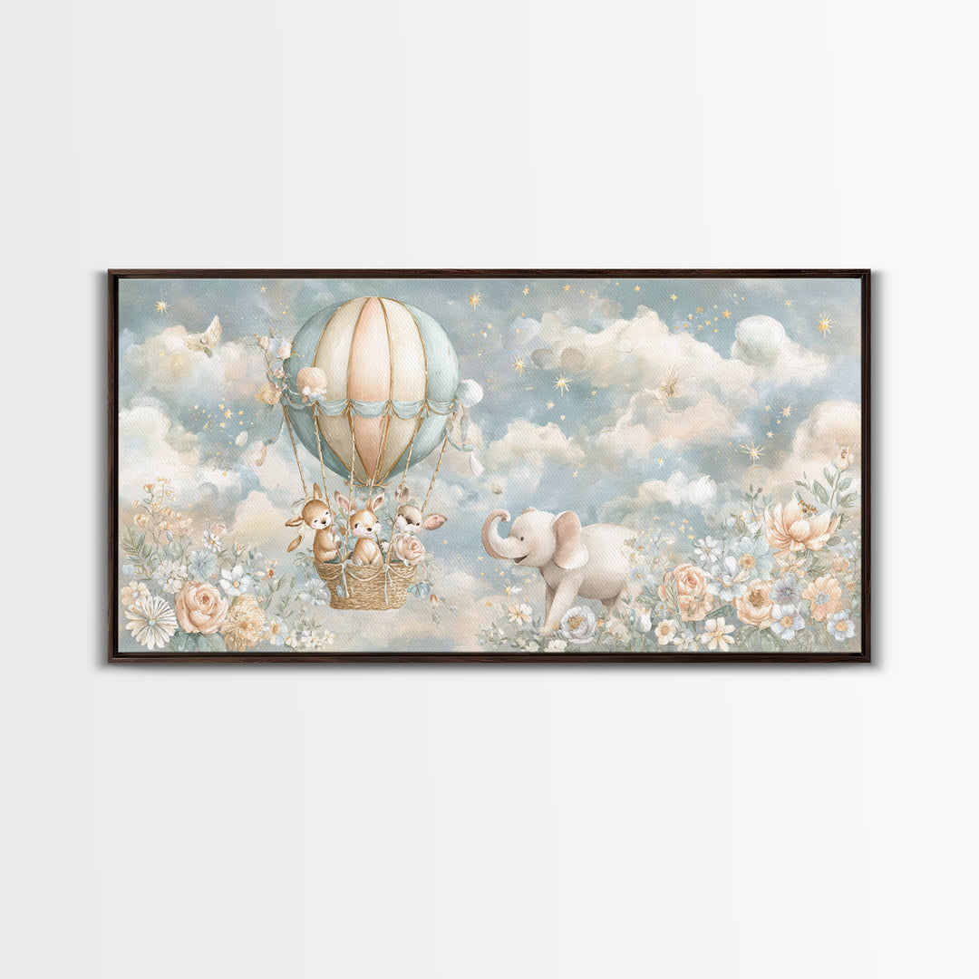 Floating Hot Air Balloon Framed Canvas Print, Nursery Art, Wall Hangings, Nursery Decor, Nursery, Digital Download Art, NUR-2x1-56