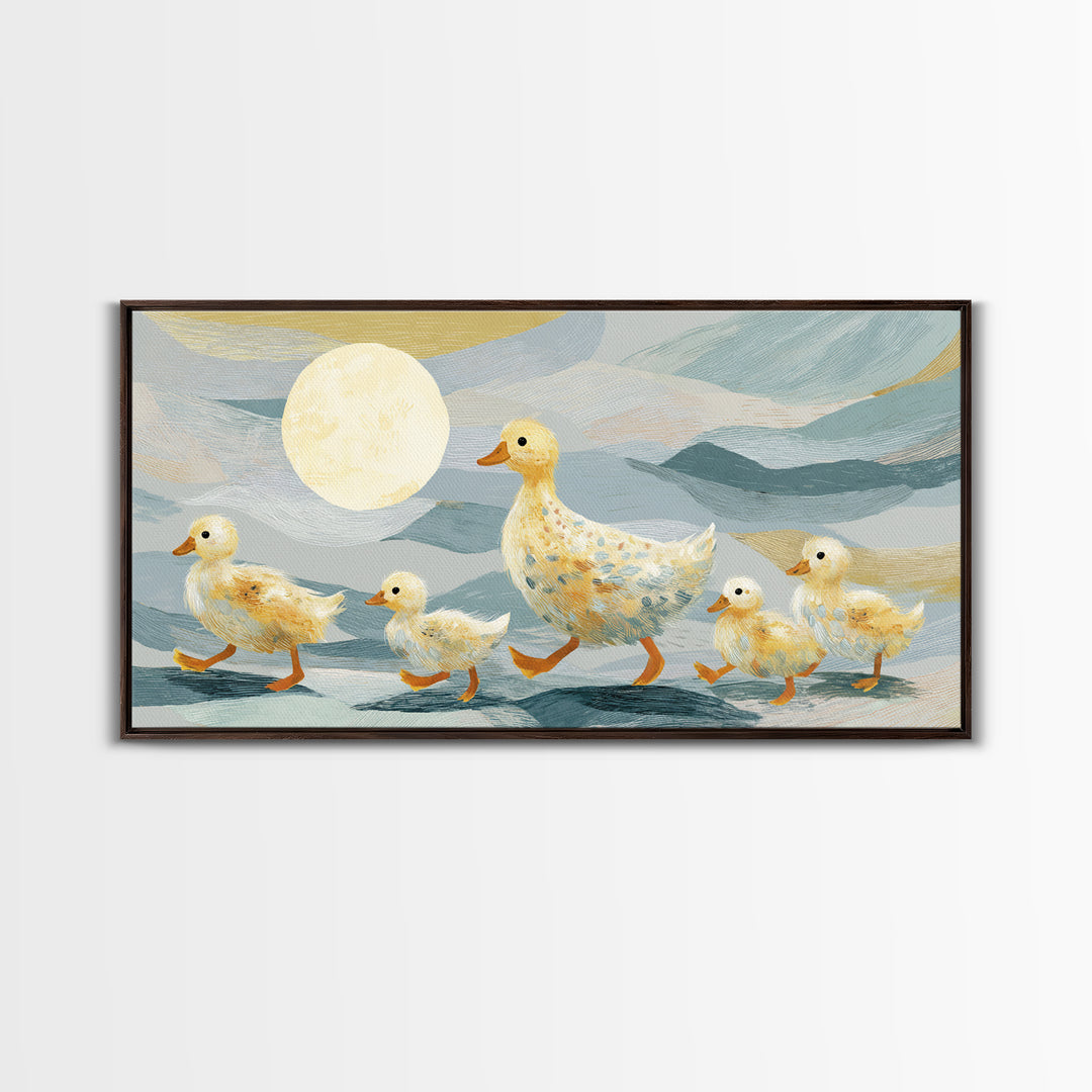 Ducklings Following a Mother Duck Canvas Print, Nursery Art, Wall Art, Nursery Decor, Oil Painting, Nursery, Nursery Prints, NUR-2x1-58