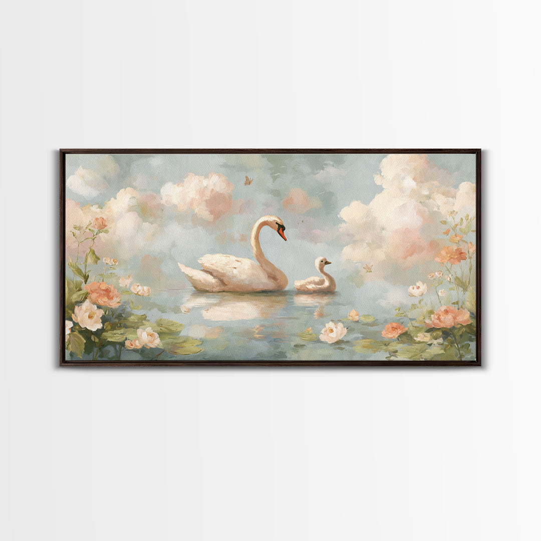 Swan and Cygnet Framed Canvas Print, Nursery Art, Nursery Decor, Oil Painting, Nursery, Kids Wall Art, Woodland Nursery, NUR-2x1-60