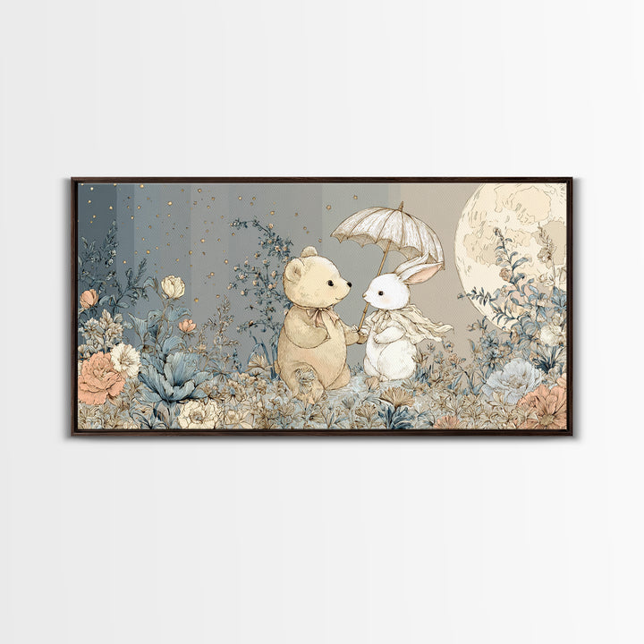 Bear and Rabbit Sharing Umbrella Canvas Print, Nursery Art, Printable Wall Art, Nursery Decor, Nursery, Butterfly Wall Art, NUR-2x1-61