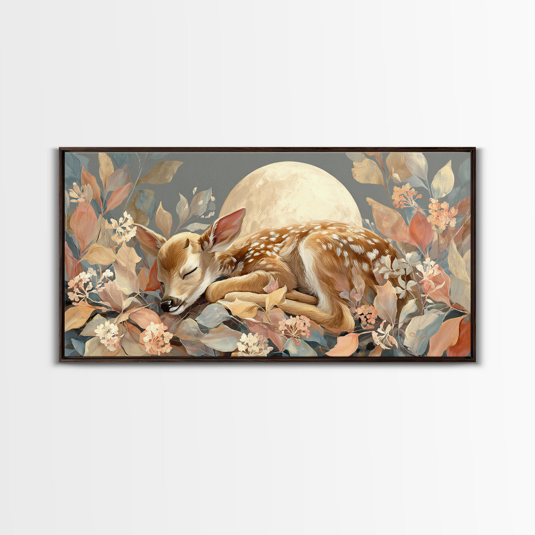 Deer Fawn Sleeping Framed Canvas Print, Nursery Art, Kids Room Art, Nursery Decor, Fine Art, Nursery, Textured Painting, NUR-2x1-67