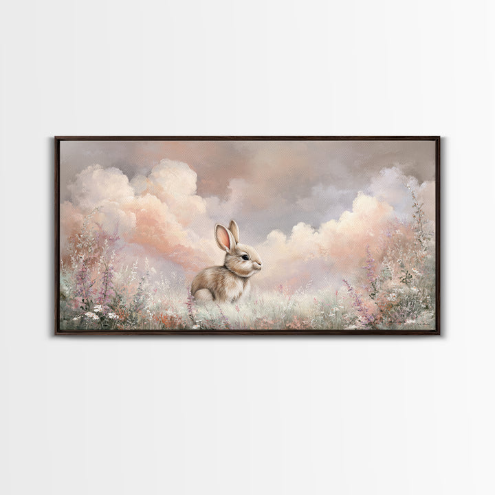 Soft Bunny in a Wildflower Meadow Canvas Print, Nursery Art, Nursery Wall Art, Nursery Decor, Watercolor Art, Nursery, NUR-2x1-73