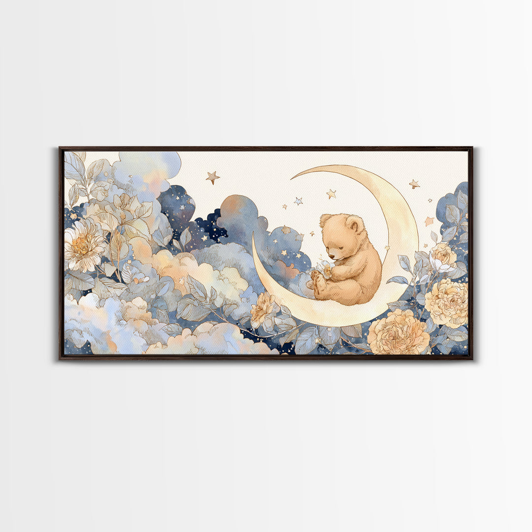 Baby Bear Floating on a Crescent Moon Canvas Print, Nursery Art, Printable Wall Art, Nursery Decor, Watercolor Art, Nursery, NUR-2x1-74