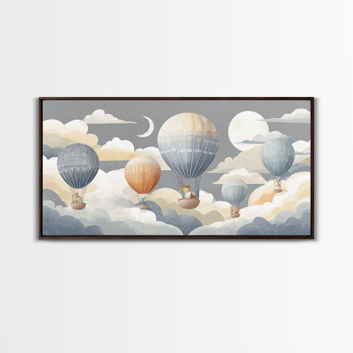 Floating Hot Air Balloon Framed Canvas Print, Nursery Art, Butterfly Wall Art, Nursery Decor, Nursery, Woodland Nursery Art, NUR-2x1-80