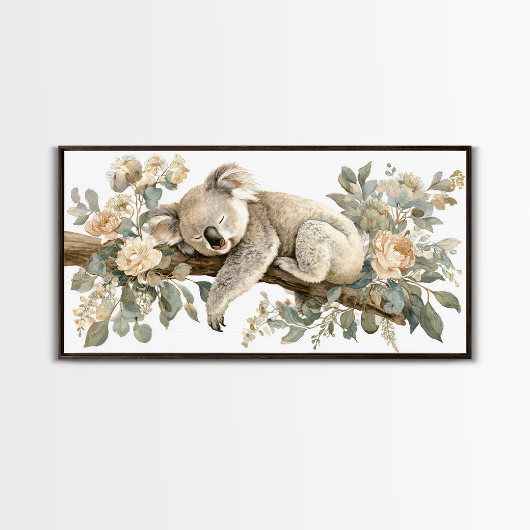 Sleeping Koala on Eucalyptus Branch Framed Canvas Print, Nursery Art, Nursery, Nursery Decor, Nursery, Playroom Wall Decor, NUR-2x1-81