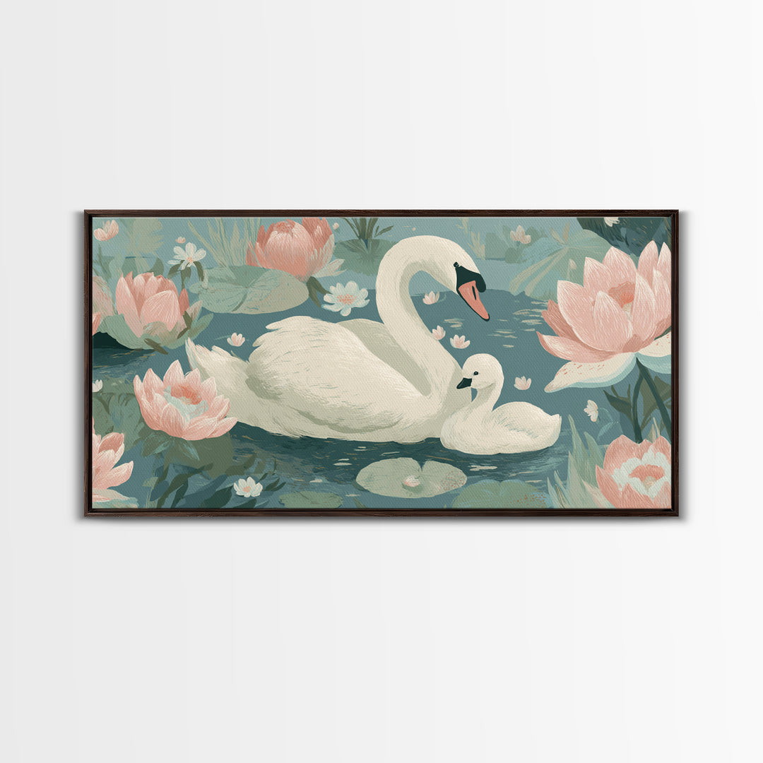 Swan and Cygnet Framed Canvas Print, Nursery Art, Digital Download Art, Nursery Decor, Fine Art, Nursery, Whimsical Wall Art, NUR-2x1-84