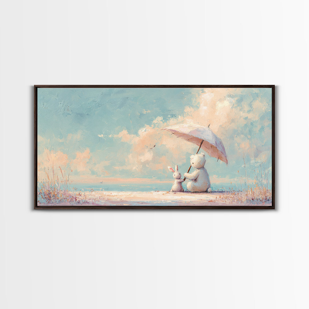Bear and Rabbit Sharing Umbrella Framed Canvas Print, Nursery Art, Wall Art Print, Nursery Decor, Nursery, Baby Girl Nursery, NUR-2x1-85