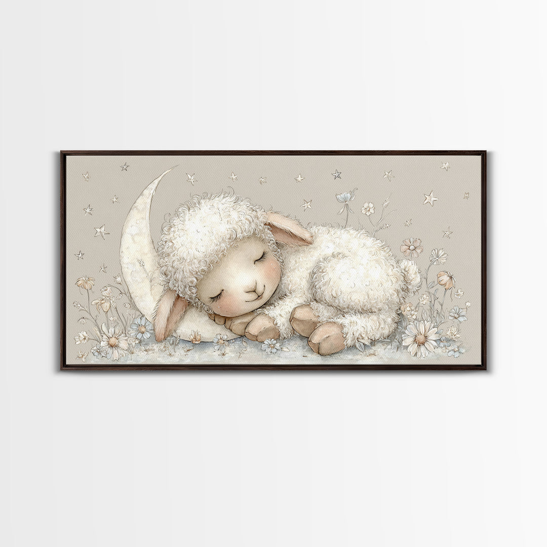 Little Lamb under a Starry Sky Framed Canvas Print, Nursery Art, Playroom Wall Decor, Nursery Decor, Fine Art, Nursery, NUR-2x1-87