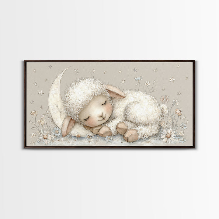 Little Lamb under a Starry Sky Framed Canvas Print, Nursery Art, Playroom Wall Decor, Nursery Decor, Fine Art, Nursery, NUR-2x1-87