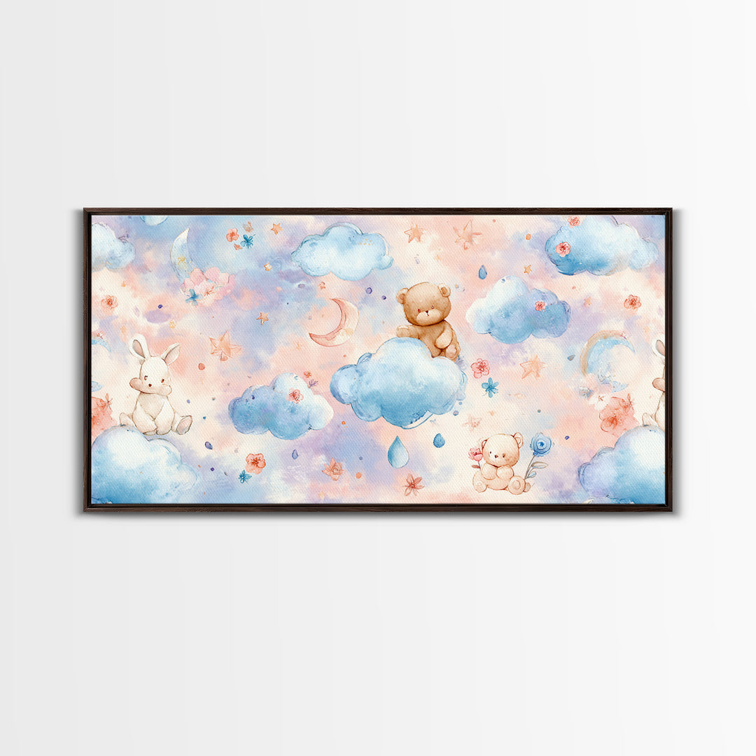 Clouds and Raindrops Framed Canvas Print, Nursery Art, Art Print, Nursery Decor, Oil Painting, Nursery 190, Wall Art Set of, NUR-2x1-90