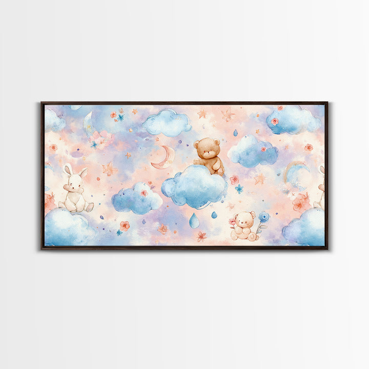 Clouds and Raindrops Framed Canvas Print, Nursery Art, Art Print, Nursery Decor, Oil Painting, Nursery 190, Wall Art Set of, NUR-2x1-90