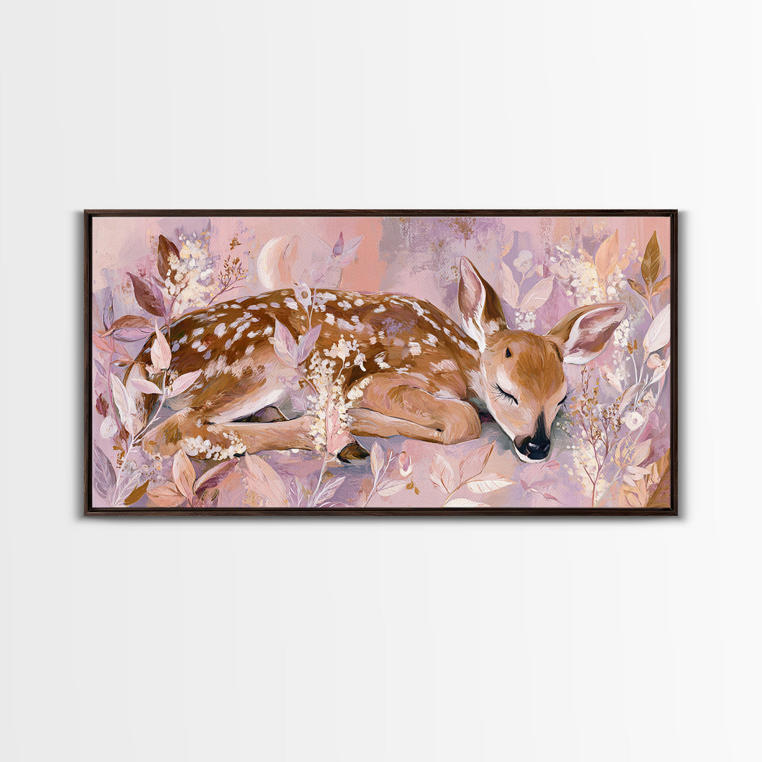 Deer Fawn Sleeping Framed Canvas Print, Nursery Art, Nursery Wall Art, Nursery Decor, Fine Art, Nursery, Woodland Nursery, NUR-2x1-91