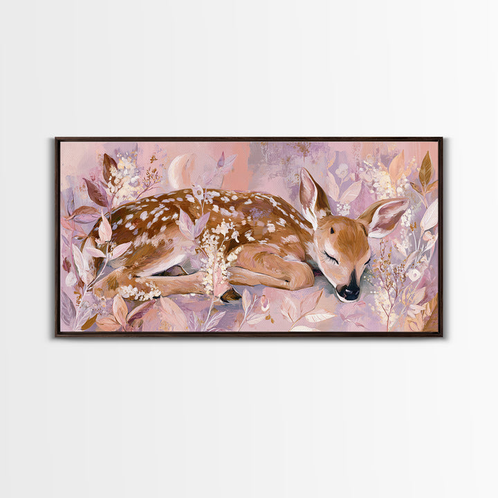 Deer Fawn Sleeping Framed Canvas Print, Nursery Art, Nursery Wall Art, Nursery Decor, Fine Art, Nursery, Woodland Nursery, NUR-2x1-91