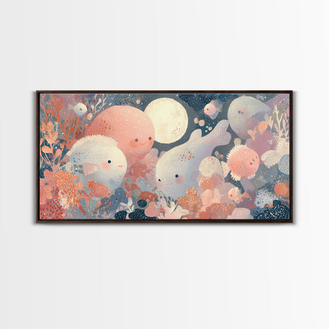 Friendly Ocean Creatures Framed Canvas Print, Nursery Art, Playroom Decor, Nursery Decor, Fine Art, Nursery, Kids Room Wall Art, NUR-2x1-92