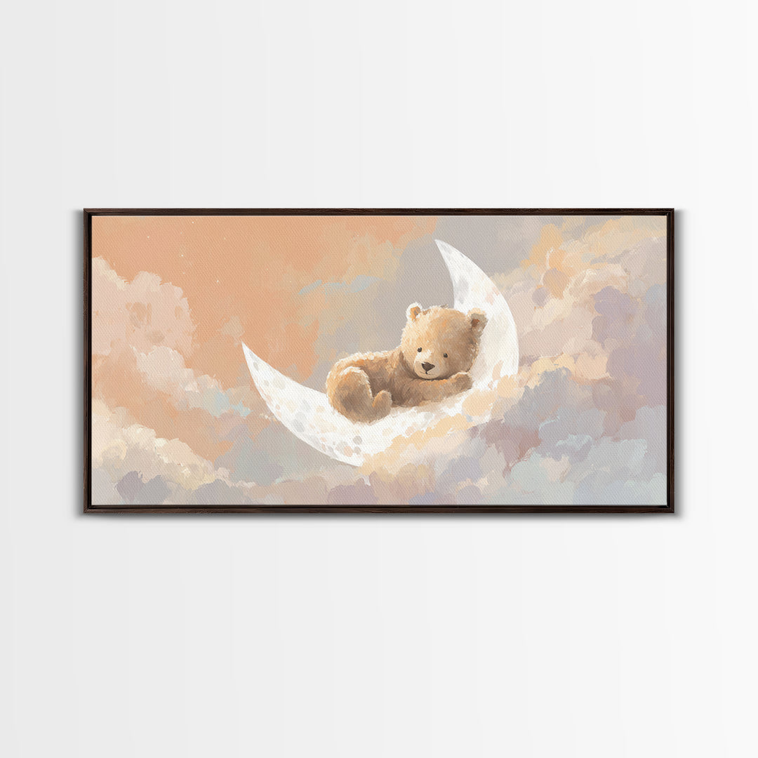 Baby Bear Floating on a Crescent Moon Canvas Print, Nursery Art, Printable Wall Art, Nursery Decor, Watercolor Art, Nursery, NUR-2x1-98