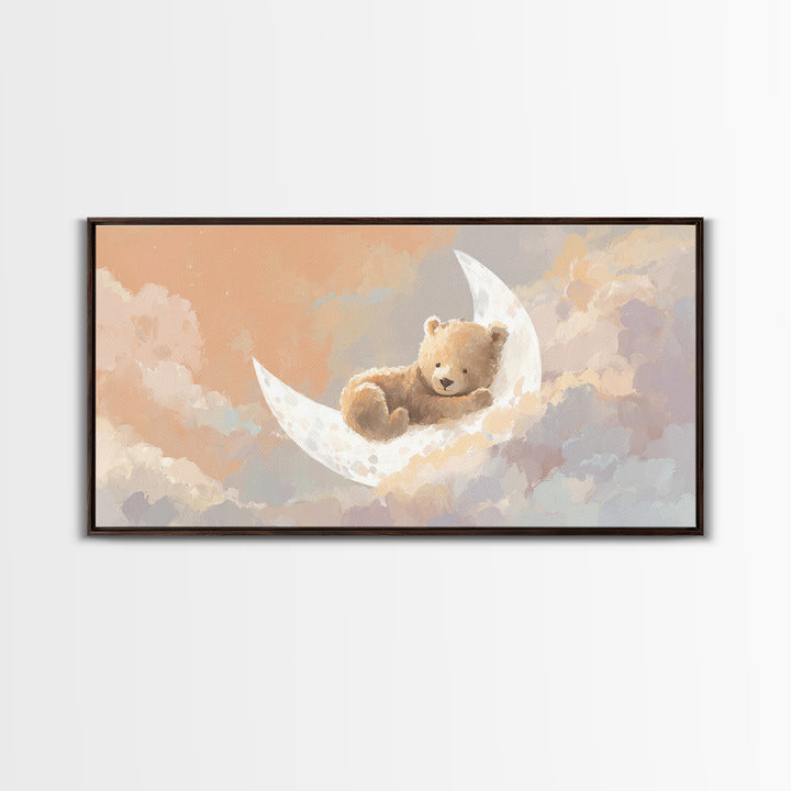 Baby Bear Floating on a Crescent Moon Canvas Print, Nursery Art, Printable Wall Art, Nursery Decor, Watercolor Art, Nursery, NUR-2x1-98