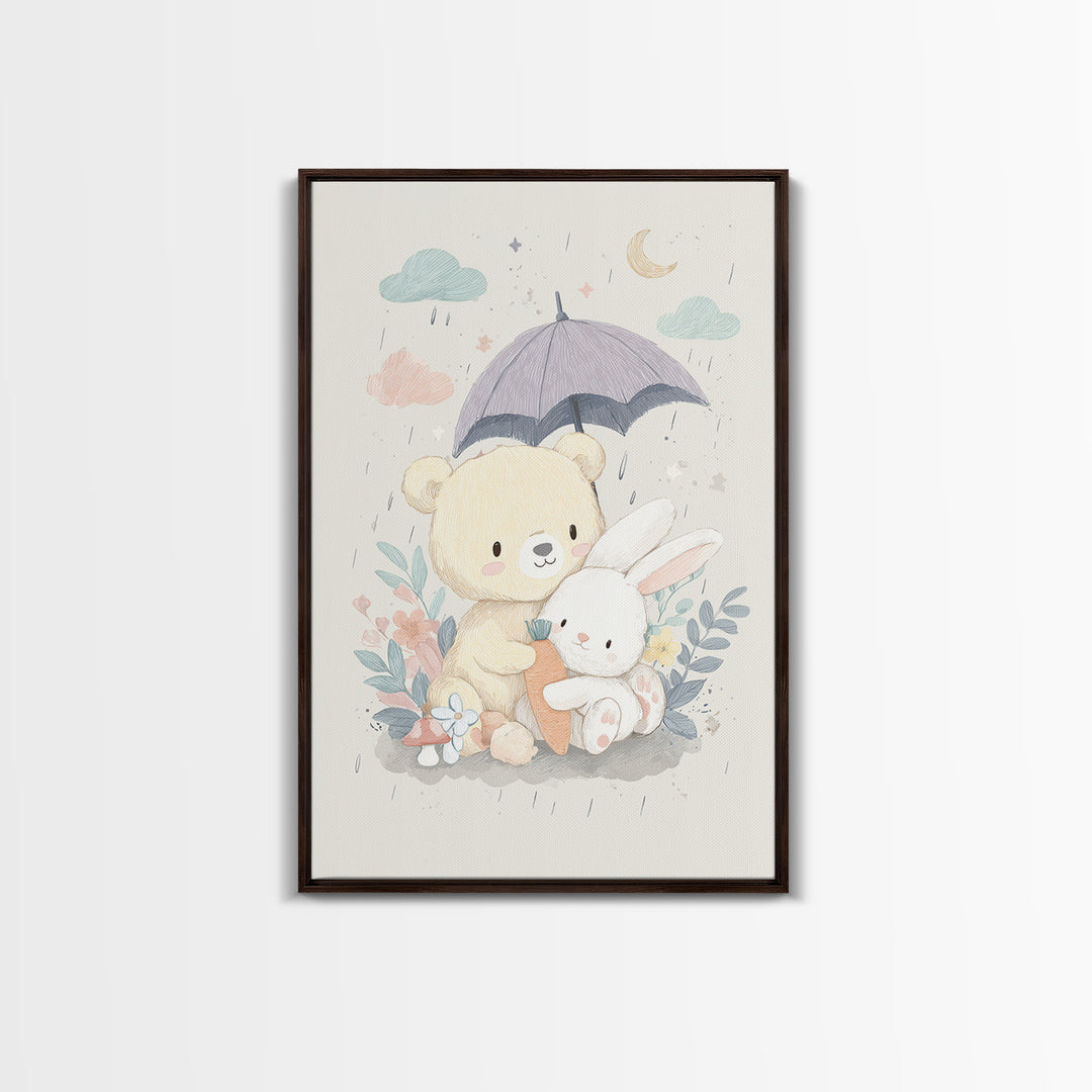 Bear and Rabbit Sharing Umbrella Framed Canvas Print, Nursery Art, Wall Art, Nursery Decor, Fine Art, Nursery, Nursery Prints, NUR-2x3-1