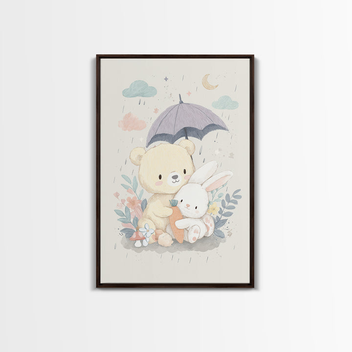 Bear and Rabbit Sharing Umbrella Framed Canvas Print, Nursery Art, Wall Art, Nursery Decor, Fine Art, Nursery, Nursery Prints, NUR-2x3-1
