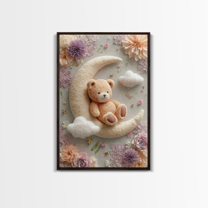 Baby Bear Floating on a Crescent Moon Canvas Print, Nursery Art, Luxury Decor, Nursery Decor, Oil Painting, Nursery, NUR-2x3-14