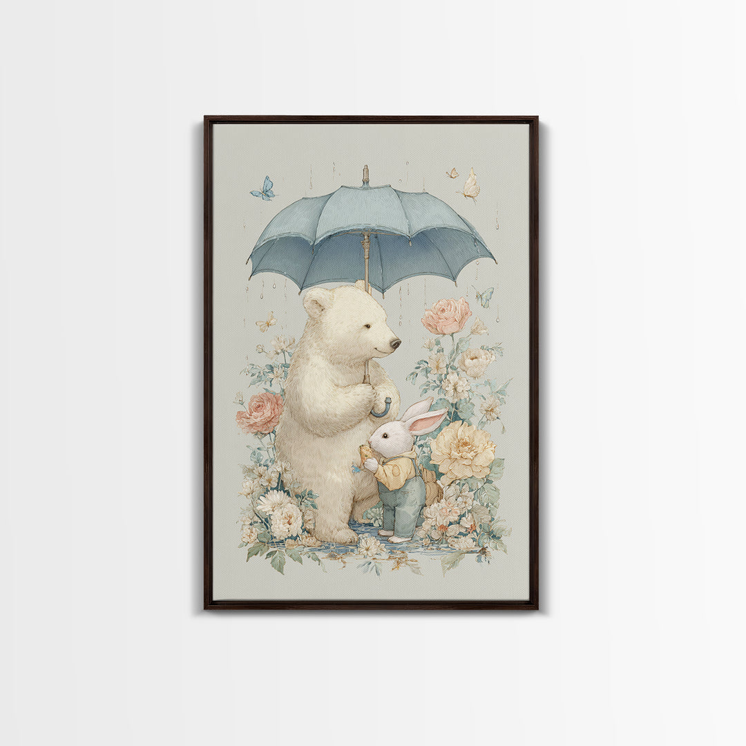 Bear and Rabbit Sharing Umbrella Framed Canvas Print, Nursery Art, Wall Art, Nursery Decor, Fine Art, Nursery, Nursery Prints, NUR-2x3-25