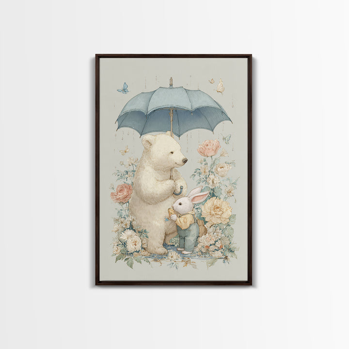 Bear and Rabbit Sharing Umbrella Framed Canvas Print, Nursery Art, Wall Art, Nursery Decor, Fine Art, Nursery, Nursery Prints, NUR-2x3-25
