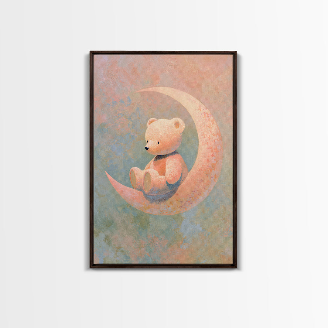 Baby Bear Floating on a Crescent Moon Framed Canvas Print, Nursery Art, Wall Art, Nursery Decor, Nursery, Nursery Prints, NUR-2x3-38