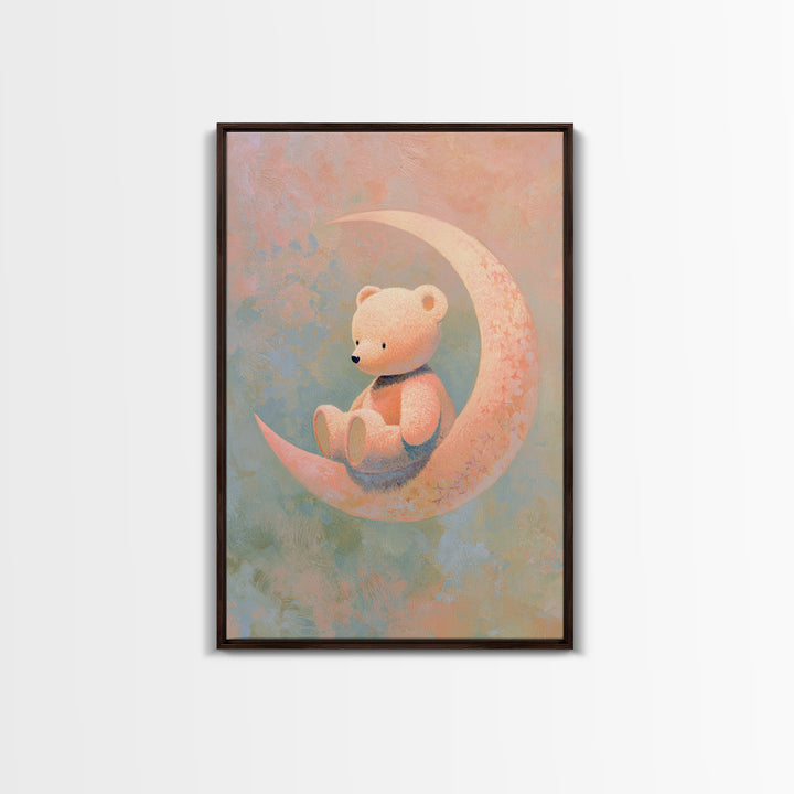 Baby Bear Floating on a Crescent Moon Framed Canvas Print, Nursery Art, Wall Art, Nursery Decor, Nursery, Nursery Prints, NUR-2x3-38