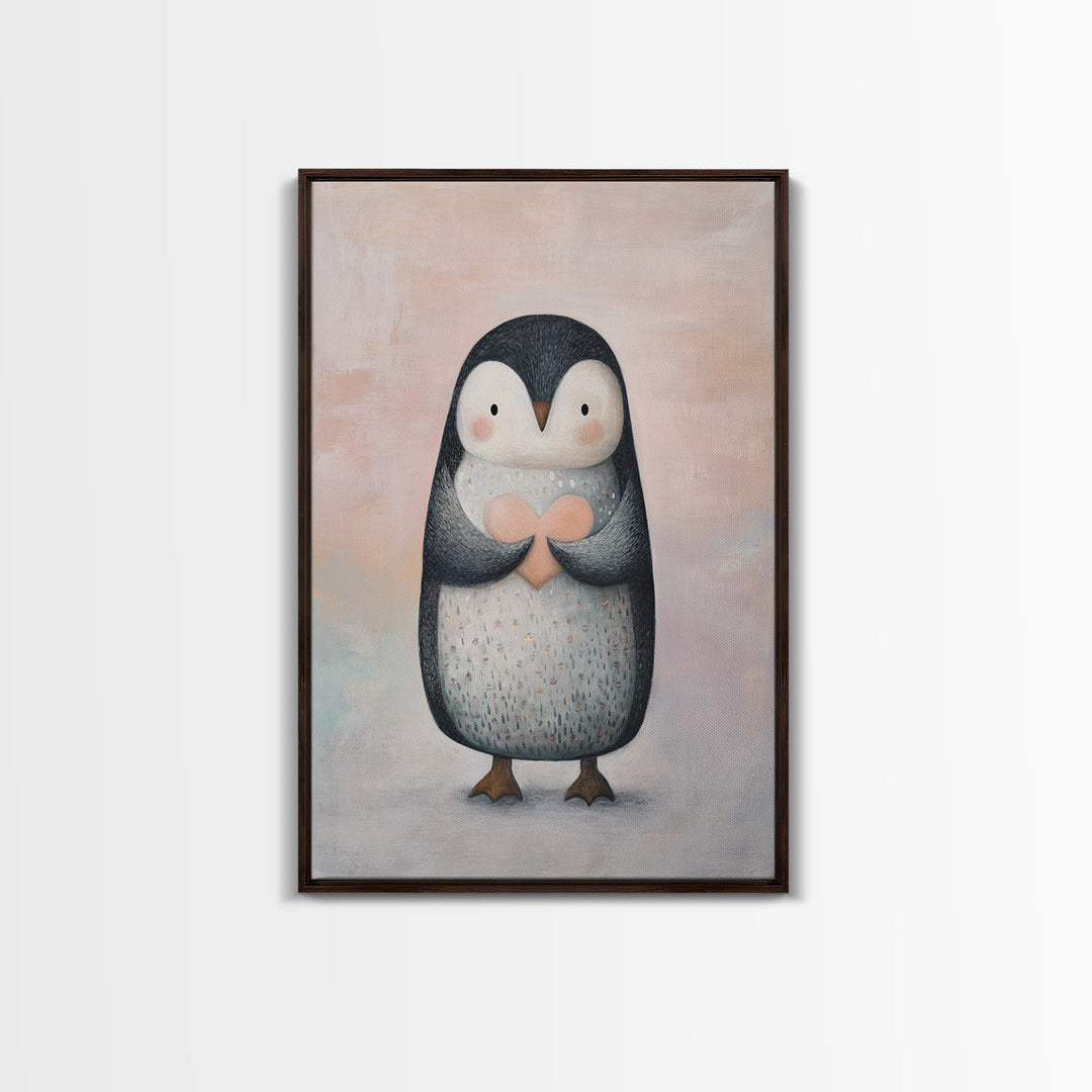 Penguin Holding a Little Heart Shape Framed Canvas Print, Nursery Art, Room Decor, Nursery Decor, Abstract Art, Nursery, NUR-2x3-42