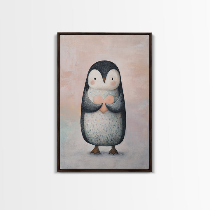 Penguin Holding a Little Heart Shape Framed Canvas Print, Nursery Art, Room Decor, Nursery Decor, Abstract Art, Nursery, NUR-2x3-42