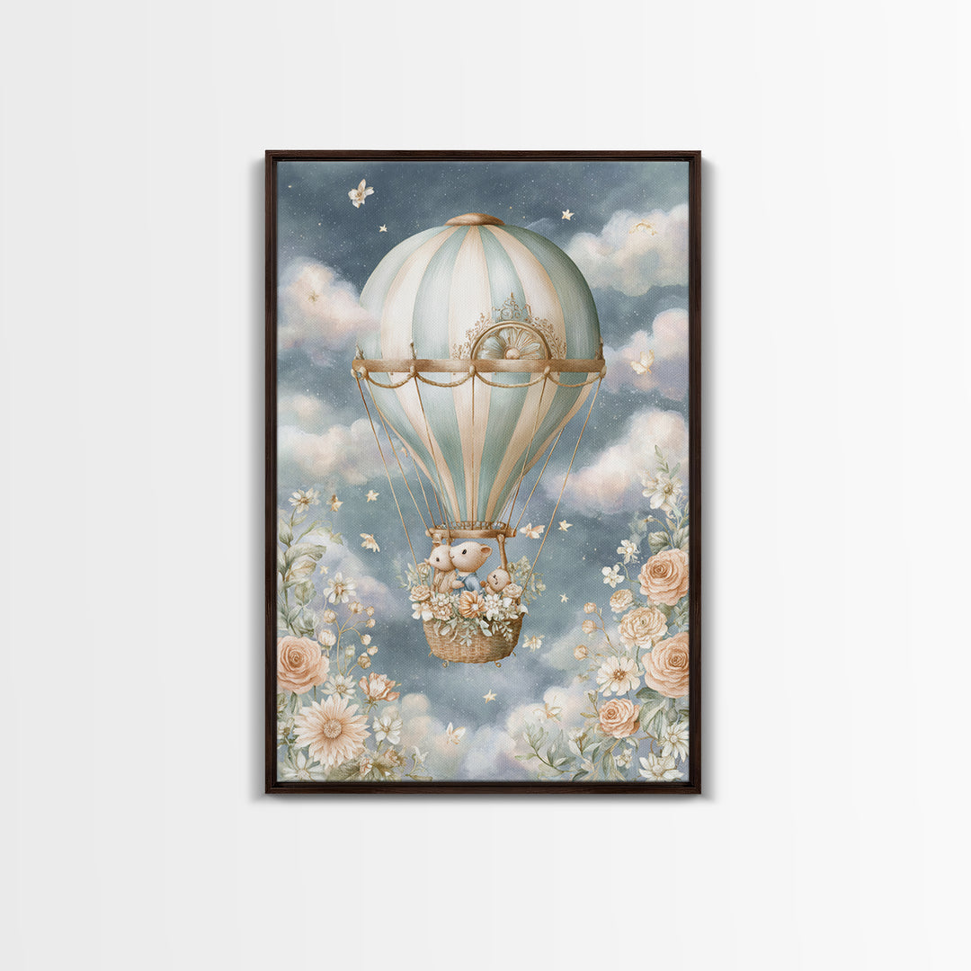 Floating Hot Air Balloon Framed Canvas Print, Nursery Art, Woodland Nursery Art, Nursery Decor, Watercolor Art, Nursery, NUR-2x3-44